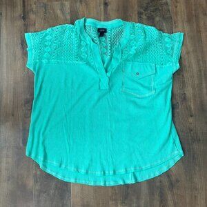 Daytrip Mint Green Lace Yoke Blouse Womens Large Ribbed Short Sleeve Boho Top